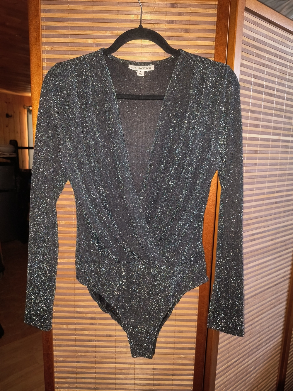 Thompson Black Metallic Sparkle Wrap-Front Long Sleeve Bodysuit